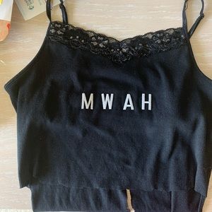 Mwah embroidered black cami cropped shirt